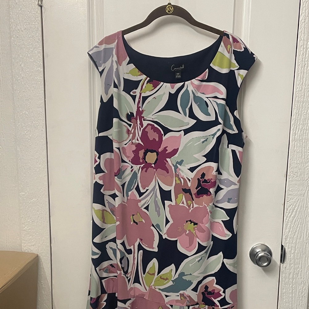 connected apparel Navy Midi Dress with Pink & Green Floral Print